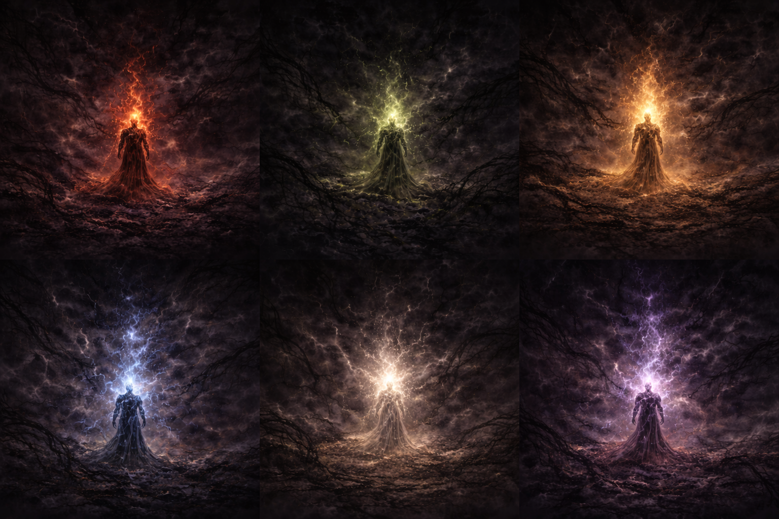 Six flammes isolées dans le vide infini